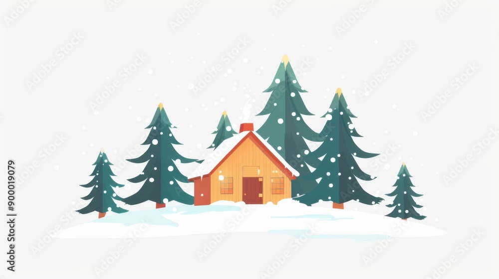 Obraz premium Winter Wonderland 3D Flat Design with Cozy Cabin and Pine Trees on White Background