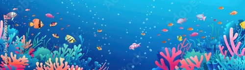 Colorful 3D Flat Design Underwater World with Coral Reefs and Tropical Fish on Deep Blue Background