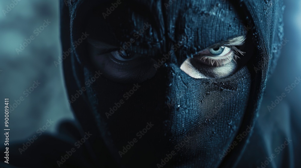 Criminal person in the black mask look at camera, closeup view. Thief face in balaklava mask Criminal person in the black mask look at camera, closeup view. Thief face in balaklava mask