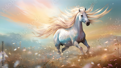 Spellbinding Illustration of a Mystical Unicorn Galloping across Pastel-colored Meadow under a Vibrant Blue Sky © Howard