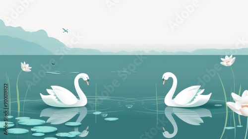 Tranquil 3D Flat Design of Serene Lake with Swans and Lily Pads on Solid Teal Background