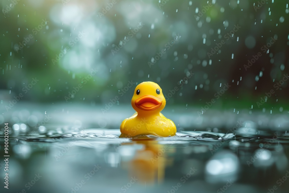 Cute rubber duck swimming in the puddle.Hello summer. Cute rubber duck swimming in the puddle.Hello summer.