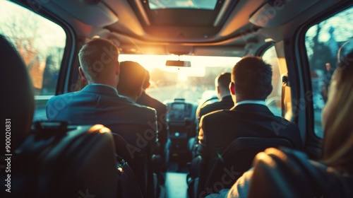 A group of people are sitting in a van, with one person wearing a suit