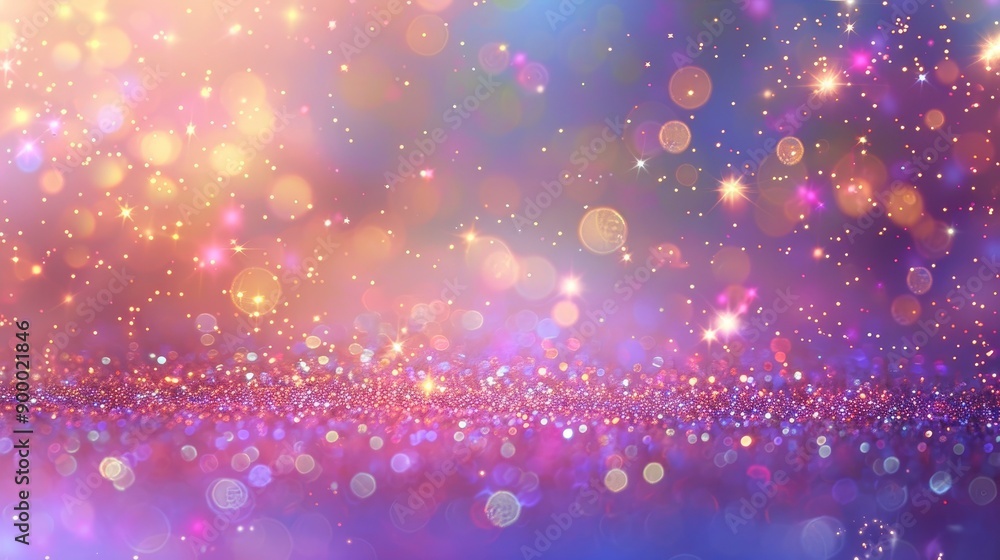 Glittering gradient background with hologram effect and magic lights. Holographic abstract fantasy backdrop with fairy sparkles, gold stars and festive blurs - generative ai Glittering gradient background with hologram effect and magic lights. Holographic abstract fantasy backdrop with fairy sparkles, gold stars and festive blurs - generative ai