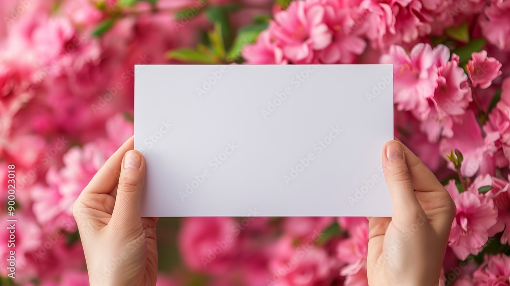 A person holding a blank card in front of vibrant pink flowers, symbolizing creativity and personalization. A person holding a blank card in front of vibrant pink flowers, symbolizing creativity and personalization.