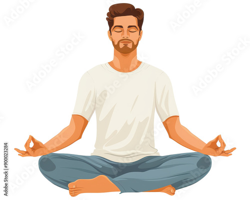 Illustration of a man meditating while sitting in a cross-legged position, transparent background (PNG)