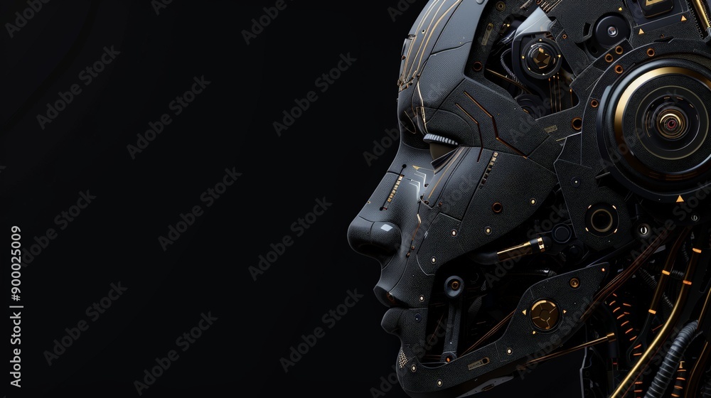 Side profile of a high-tech robot head with complex mechanical components and a dark background. Futuristic and sci-fi theme. Side profile of a high-tech robot head with complex mechanical components and a dark background. Futuristic and sci-fi theme.