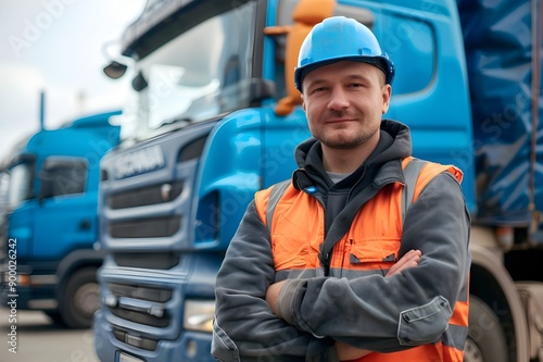 A man in an orange vest stands in front of a blue truck.