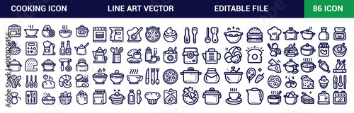 Cooking Icons Set. Editable vector stroke with flat vector illustration