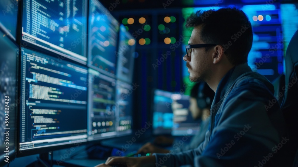 A man is sitting in front of a computer monitor with a serious look on his face A man is sitting in front of a computer monitor with a serious look on his face