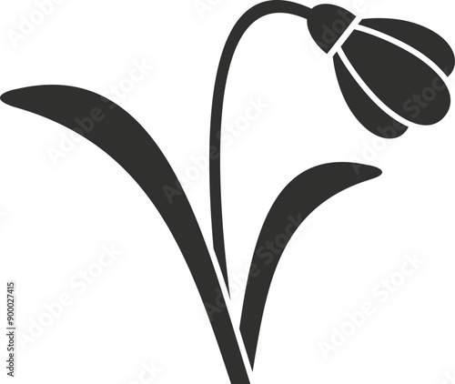 Minimalist black and white illustration of a snowdrop flower growing, symbolizing spring and new beginnings