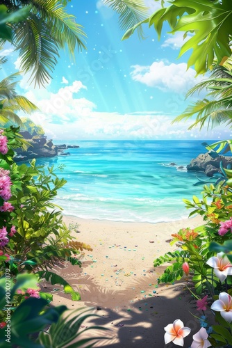 A beautiful, dynamic greeting card design with a 3D feel, featuring a serene beach scene with golden sand, crystal clear blue sea, and a bright, clear sky