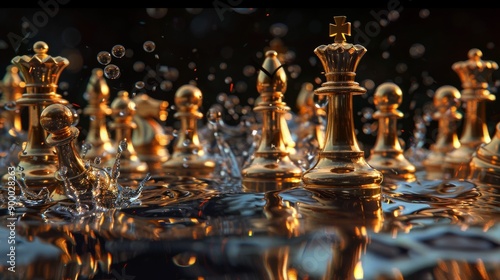 gold crown, side profile, explosion, chaotic, city, hyper detailed, photo realistic, fine detail, volumetric lighting, dramatic, saturated, 3d render, water chess pawns arranged in a shape that looks 