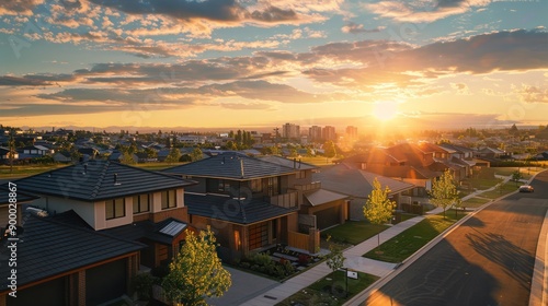 Late afternoon in a modern suburban neighborhood with a city backdrop, the sunset casting long shadows and glowing warmly on the homes