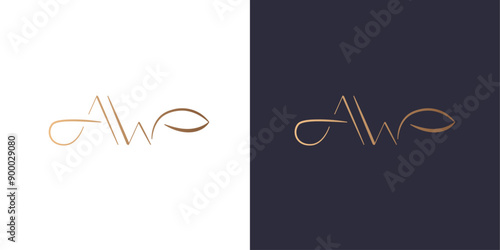 Letter A and W logo monogram, leaf, minimal style identity initial logo mark. Golden gradient vector emblem logotype for business cards initials.