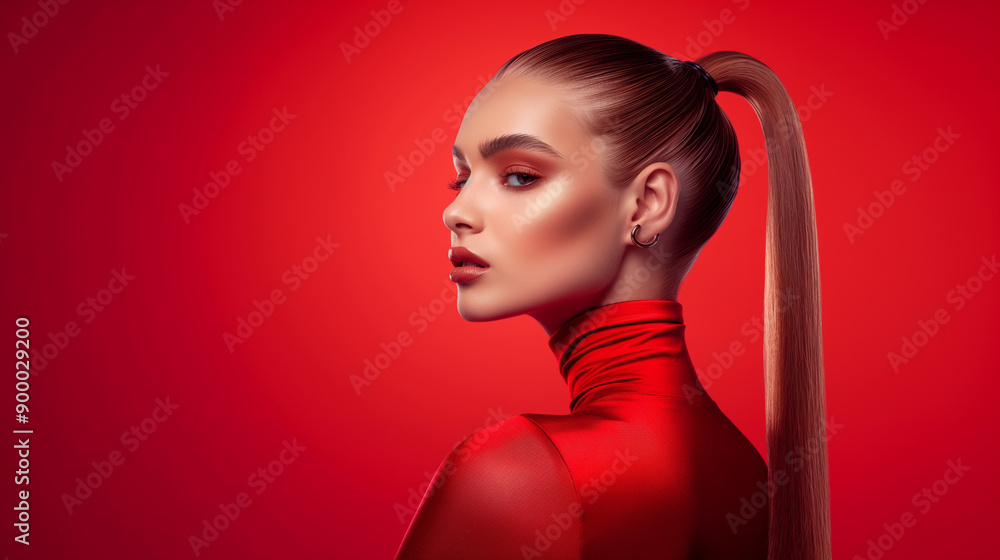Elegant woman in red with bold makeup and sleek ponytail. High fashion model in stylish red attire. Beauty and sophistication concept. Confident and glamorous pose. Elegant woman in red with bold makeup and sleek ponytail. High fashion model in stylish red attire. Beauty and sophistication concept. Confident and glamorous pose.