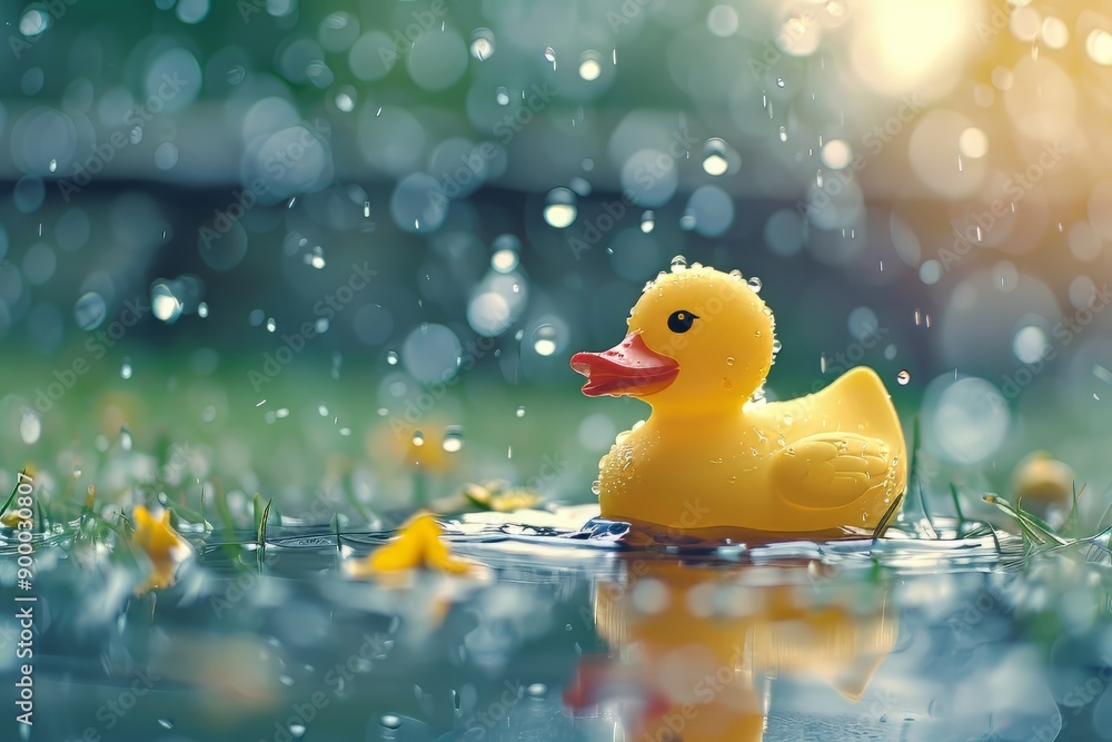 Cute rubber duck swimming in the puddle.Hello summer. Cute rubber duck swimming in the puddle.Hello summer.