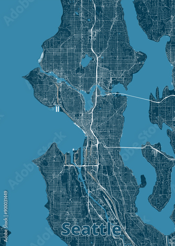 Seattle, Washington, USA artistic blueprint map poster