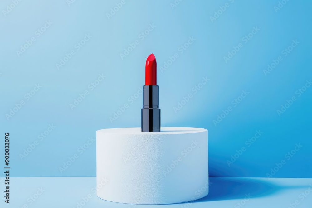 Red Lipstick on white podium at blue background. Makeup, cosmetic product. Red Lipstick on white podium at blue background. Makeup, cosmetic product.