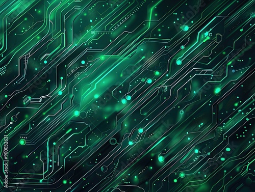 Futuristic Abstract Digital Background with Green and Blue Tones, Featuring Circuit Board Elements and Glowing Lights, Representing Advanced Technology, Computer Science, and Artificial Intelligence 