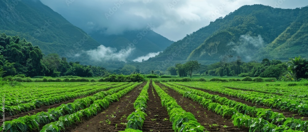 Lush green crops in a well-organized farm field set against misty mountain backdrop. Lush green crops in a well-organized farm field set against misty mountain backdrop.