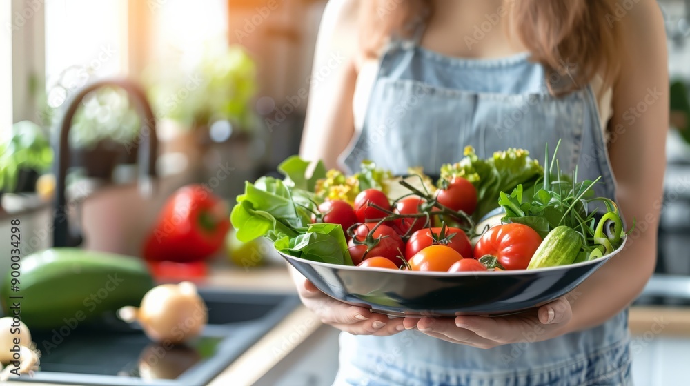 Woman holding a bowl of fresh vegetables in a bright kitchen. Promoting a plant-based diet and healthy lifestyle. Woman holding a bowl of fresh vegetables in a bright kitchen. Promoting a plant-based diet and healthy lifestyle.
