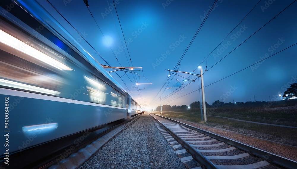 Obraz premium Speeding train on railway track at night, under the blue sky with electrical wires in the background, motion blur effect.