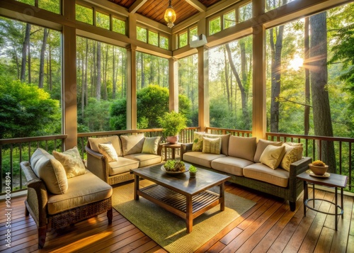 Cozy screened porch with plush outdoor furniture, surrounded by lush green forest, warm summer sunlight filtering through the canopy above, serene and inviting atmosphere.