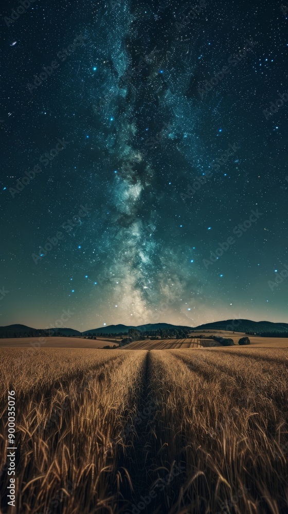 Fototapeta premium A night field with a starry sky and wheat fields below