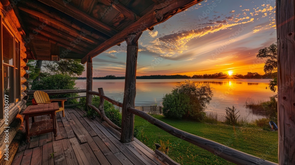 Vibrant sunset over a lake, viewed from a rustic lake house porch Vibrant sunset over a lake, viewed from a rustic lake house porch