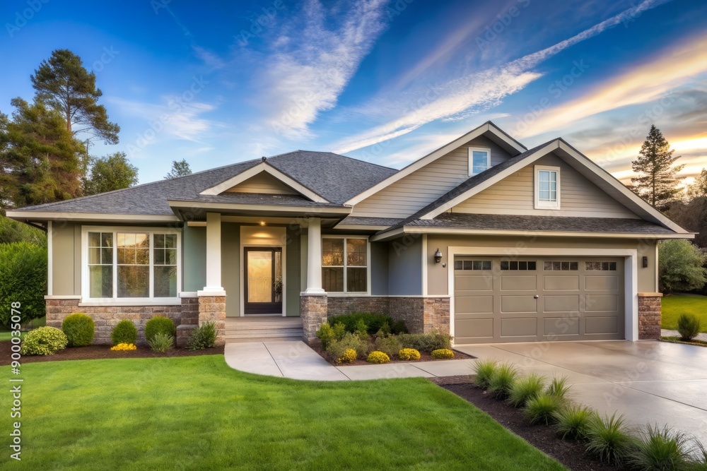 Modern single story ranch house exterior. Generative AI Modern single story ranch house exterior. Generative AI