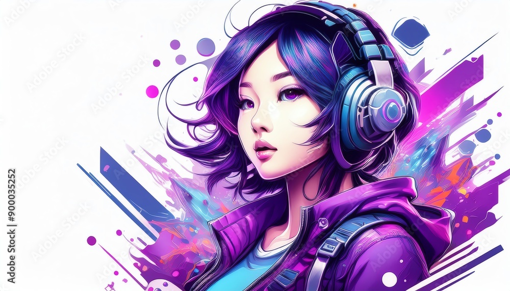 Vibrant digital painting of a girl with headphones in a purple jacket, surrounded by abstract splashes of color, showcasing futuristic style. Vibrant digital painting of a girl with headphones in a purple jacket, surrounded by abstract splashes of color, showcasing futuristic style.