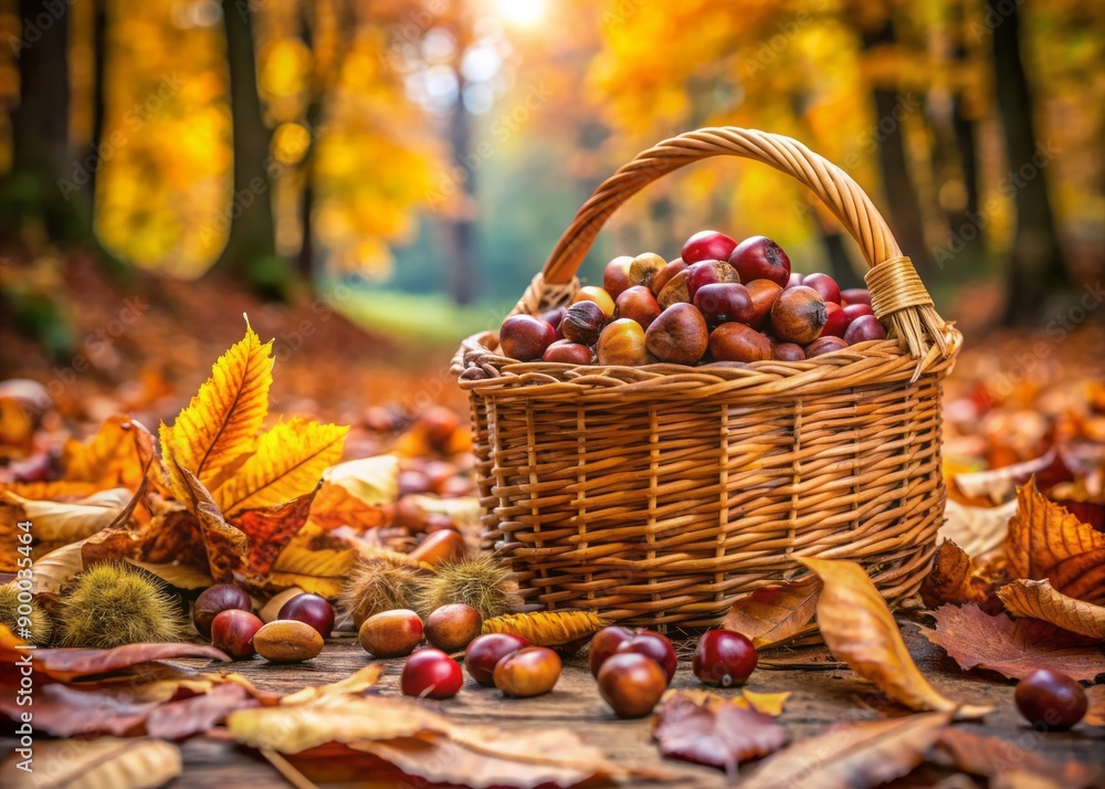 Vibrant autumn scene featuring a wicker basket overflowing with freshly collected chestnuts, surrounded by fallen leaves and rustic forest floor elements. Vibrant autumn scene featuring a wicker basket overflowing with freshly collected chestnuts, surrounded by fallen leaves and rustic forest floor elements.