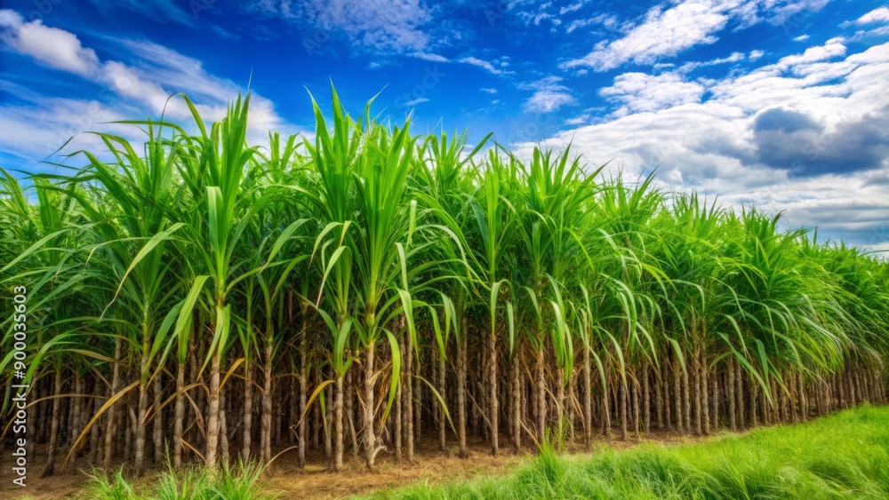 Ripened sugar cane stalks sway gently in the breeze, their tall, dense foliage a vibrant green, after extended six-month growth in ideal tropical climate conditions. Ripened sugar cane stalks sway gently in the breeze, their tall, dense foliage a vibrant green, after extended six-month growth in ideal tropical climate conditions.