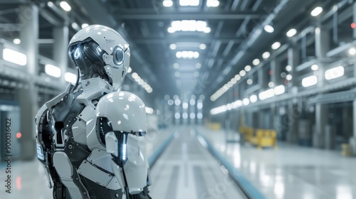 Wallpaper Mural White humanoid robot in an advanced factory environment. Depiction of futuristic AI and robotic technology. Torontodigital.ca