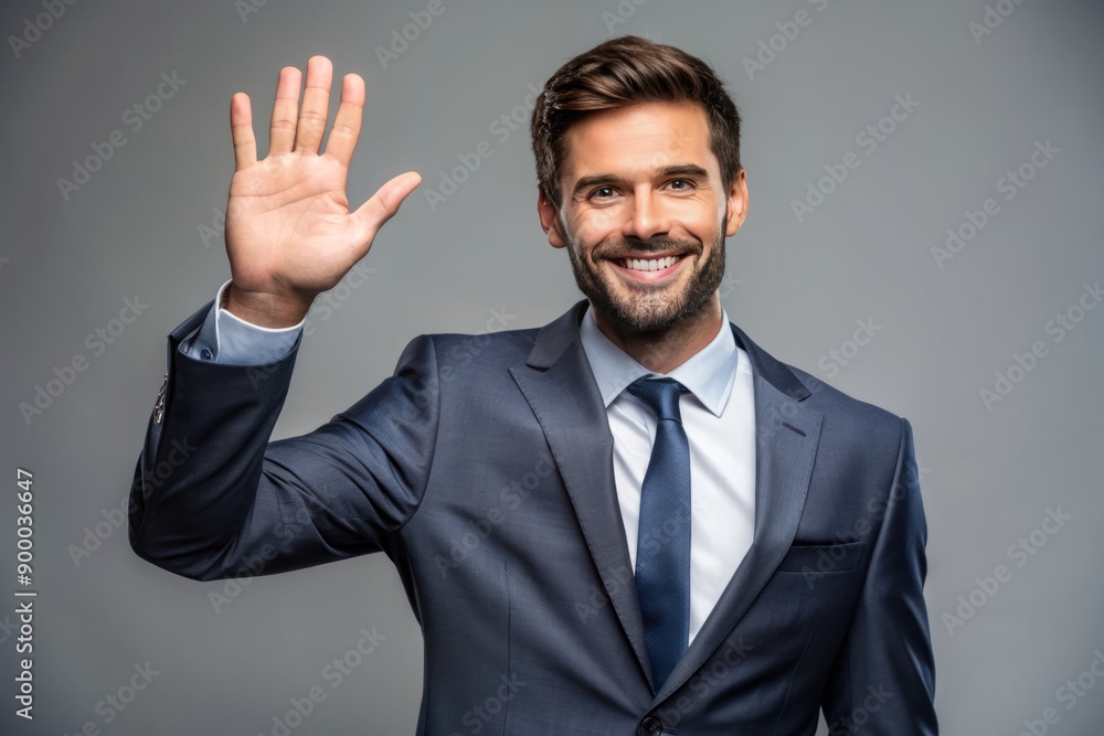 Confident smiling business man investor in decent business suit with right hand up isolated on gray background with copy space, gesture of say Hi, waving hand, Hi five, saying goodbye and taking oath Confident smiling business man investor in decent business suit with right hand up isolated on gray background with copy space, gesture of say Hi, waving hand, Hi five, saying goodbye and taking oath