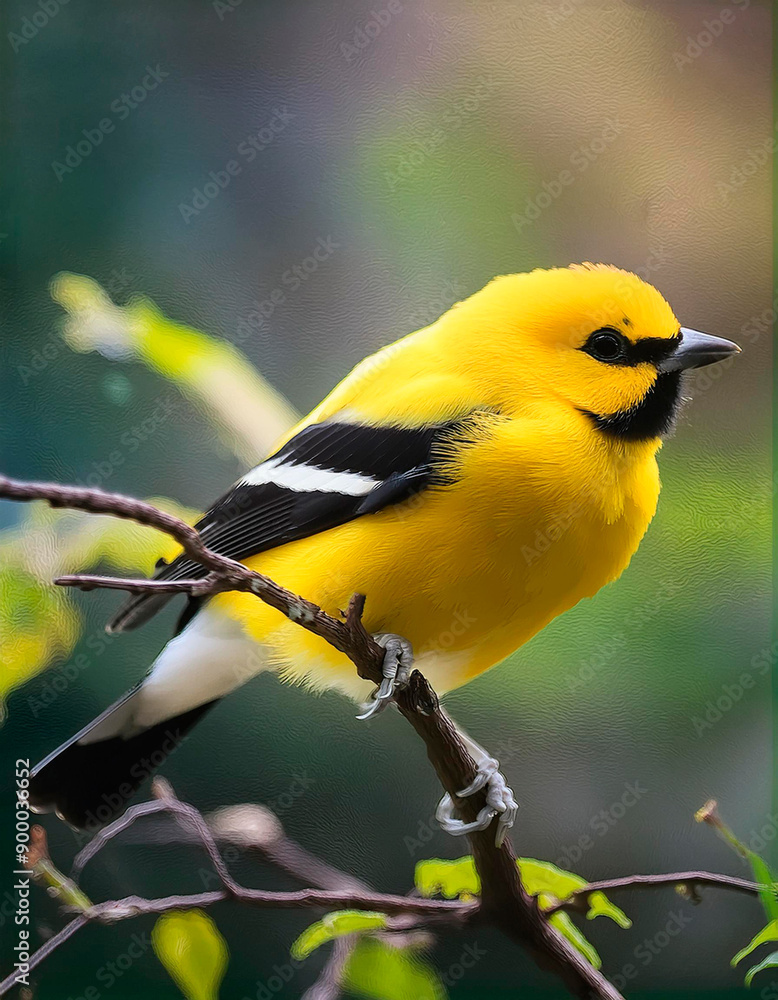 Obraz premium Pájaro amarillo con pico y alas negras.