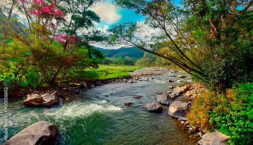 PAISAJE DE CAMPO CON RÍO DE MONTAÑA TROPICAL
