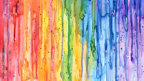 Rainbow coloful watercolor dripping paint, paint splashes with drips, paper textured background 