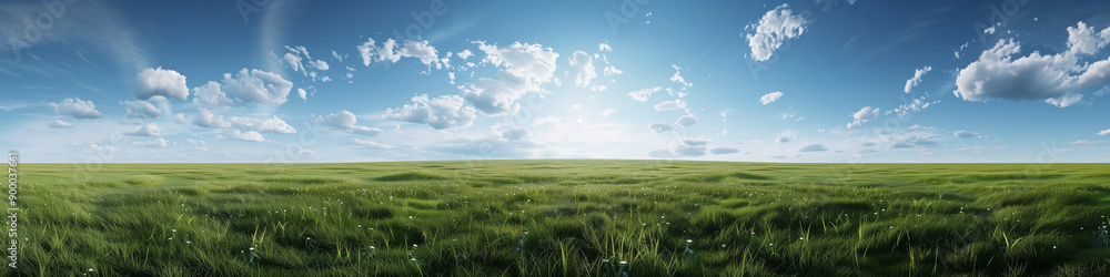 Fototapeta premium Breathtaking Landscape Panorama with Lush Grasslands, Majestic Snow-Capped Mountains, and a Serene Blue Sky, Perfect as a Desktop Wallpaper or Background Image.