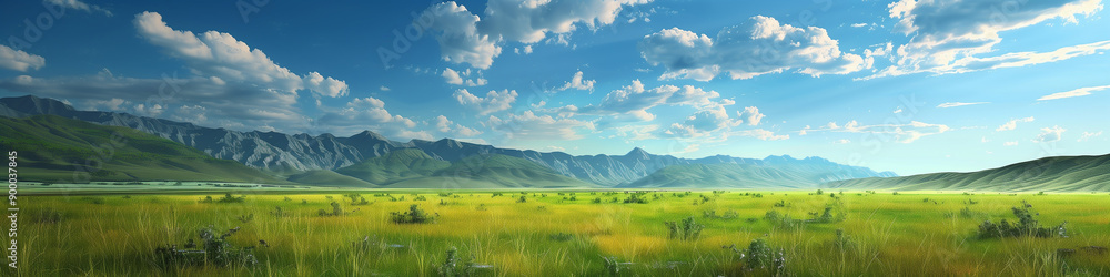 Breathtaking Landscape Panorama with Lush Grasslands, Majestic Snow-Capped Mountains, and a Serene Blue Sky, Perfect as a Desktop Wallpaper or Background Image. Breathtaking Landscape Panorama with Lush Grasslands, Majestic Snow-Capped Mountains, and a Serene Blue Sky, Perfect as a Desktop Wallpaper or Background Image.