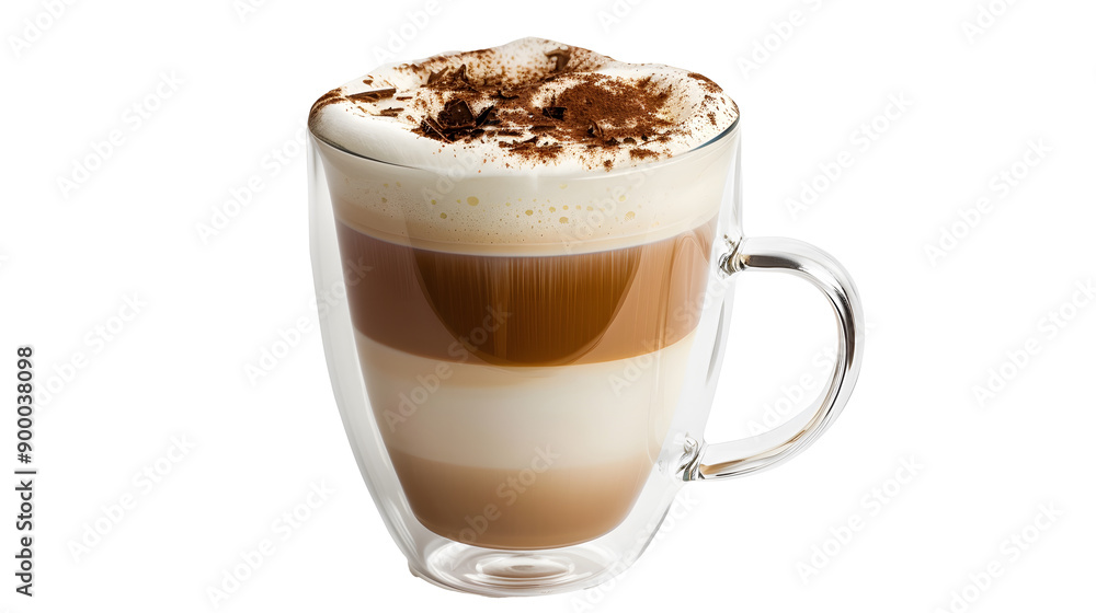 Foamy coffee cappuccino with wiped milk and coco powder on top, in double glass mug isolated on white background. Foamy coffee cappuccino with wiped milk and coco powder on top, in double glass mug isolated on white background.
