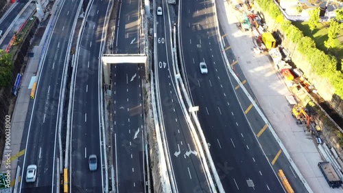 Aerial vertical panorama from Warringah freeway lanes to North Sydney CBD towers 4k.
 photo