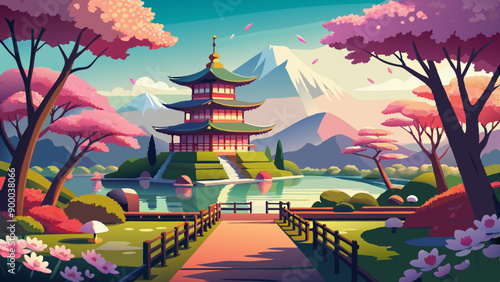 Japanese cherry garden with Sakura Landscape vector illustration 