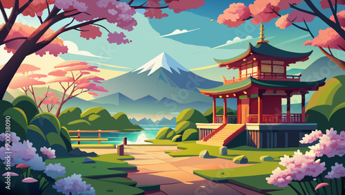 Japanese cherry garden with Sakura Landscape vector illustration 