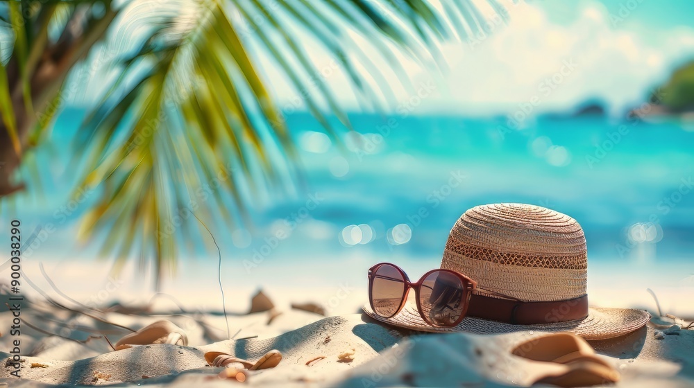 Tropical beach with sunbathing accessories, summer holiday background Tropical beach with sunbathing accessories, summer holiday background