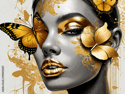Beautiful women with a fantastic Golden Lips and butterfly. decoration and interior, canvas art, abstract. gold
