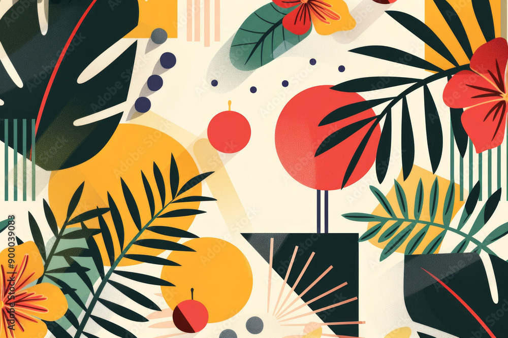 Modern abstract vector-like illustration with geometric shapes and forms with colorful gradient and tropical elements. Can be used as wall art, in Home Decor, Textile Design, and Stationery Modern abstract vector-like illustration with geometric shapes and forms with colorful gradient and tropical elements. Can be used as wall art, in Home Decor, Textile Design, and Stationery