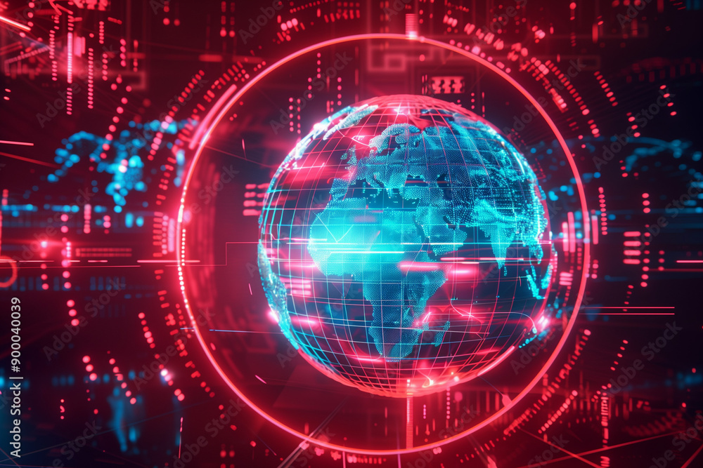 Dynamic and Futuristic Digital Representation of the Globe with Network Connections and Red Circuitry Overlays, Highlighting Global Technology and Data Exchange Dynamic and Futuristic Digital Representation of the Globe with Network Connections and Red Circuitry Overlays, Highlighting Global Technology and Data Exchange