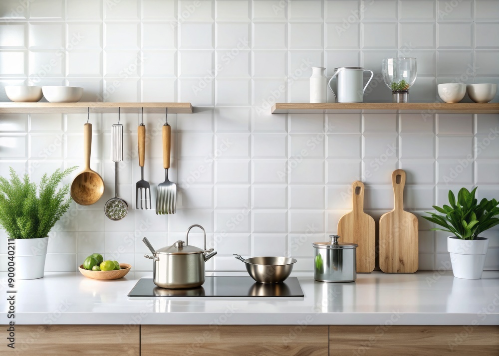 Fototapeta premium Modern kitchen backdrop featuring utensils and cookware arranged on a sleek white counter, plenty of negative space for text or branding overlays.